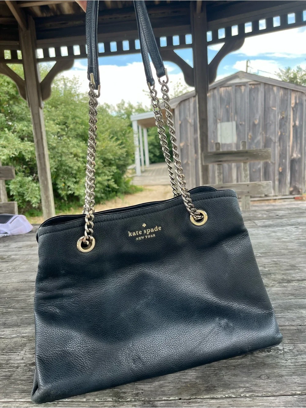 kate spade Black Pebbled Leather Shoulder Bag with Gold Chain Straps